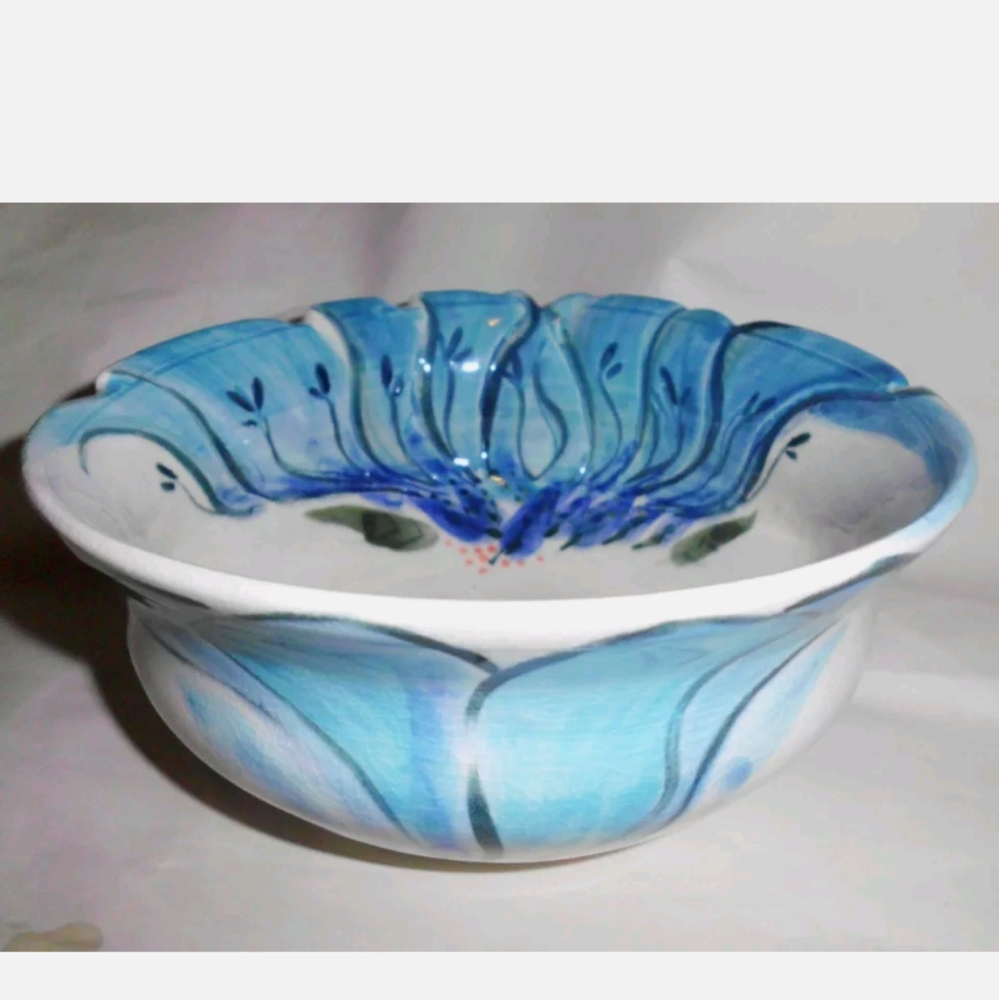 Vintage Signed Art Pottery Bowl S. Burns Cottagecore Hand-Painted Teal Botanical - Picture 2 of 5